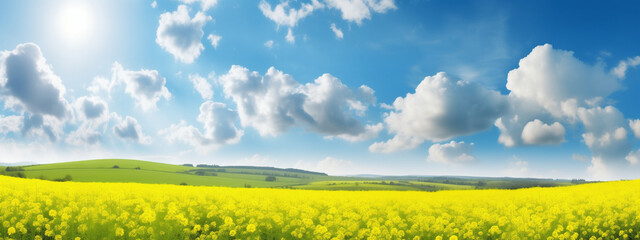 Wall Mural - Nature landscape with green meadows, blue sky with clouds and mountains in the background. classic green landscape, Generative AI