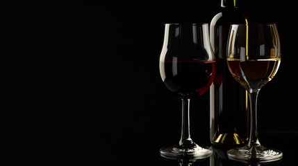 A bottle of wine and two wine glasses are on a black background