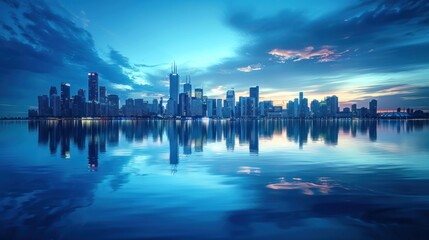 Wall Mural - Blue tone panorama of waterfront city skyline with reflection. Image composite. AI generated