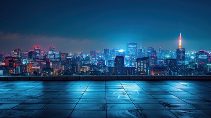 Wall Mural - Empty floor platform with night view city skyline background AI generated