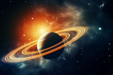 Wall Mural - digital illustration of saturn with vivid rings on a cosmic backdrop with a glowing sun