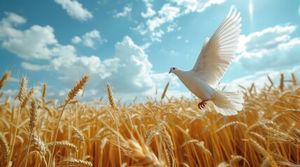 Wall Mural - A white dove flies over a field of wheat against a blue sky