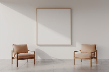 Wall Mural - two chairs in a room, A 3D rendering of a living room design featuring an empty frame mockup on a pristine white wall