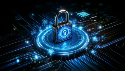 Poster - Futuristic Digital Lock on Glowing Circuit Board