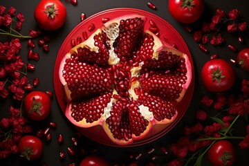 Wall Mural - Artistic top view of pomegranates and seeds on a dark surface, perfect for culinary and health themes