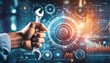 © CoffeeeCraze - A hand holding a wrench is set against a digital interface filled with futuristic charts, graphs, and data displays.