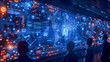 © Pavel Lysenko - A group of people stand in a dimly lit room, captivated by a large screen displaying a complex network of AI technology and a map of the world, symbolizing the global impact of artificial intelligence