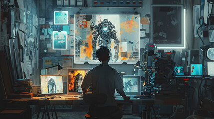 Wall Mural - A man is sitting at a desk with a computer monitor in front of him