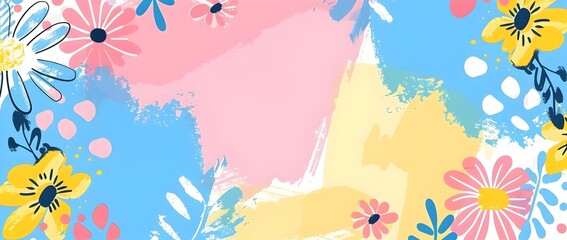  Vibrant Pop Art Style Poster Banner with Whimsical Floral Patterns in Blue Yellow and Pink Hues