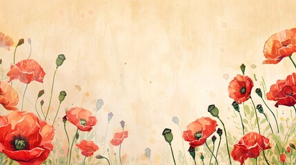 Vibrant Poppy Meadow Watercolor Scene with Blank Space for Memorial Day Messaging