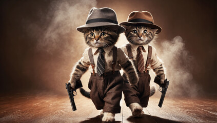 Two cats dressed in 1920s gangster costumes with hats and suspenders, standing on their hind legs and holding revolvers against a backdrop of monochrome lighting with a dramatic smoke effect