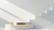 © Zunaira - Abstract 3D white cylinder pedestal podium background with golden pedestal and white stair. Minimal mockup wall scene or product display presentation, Stage showcase. Platforms vector geometric design