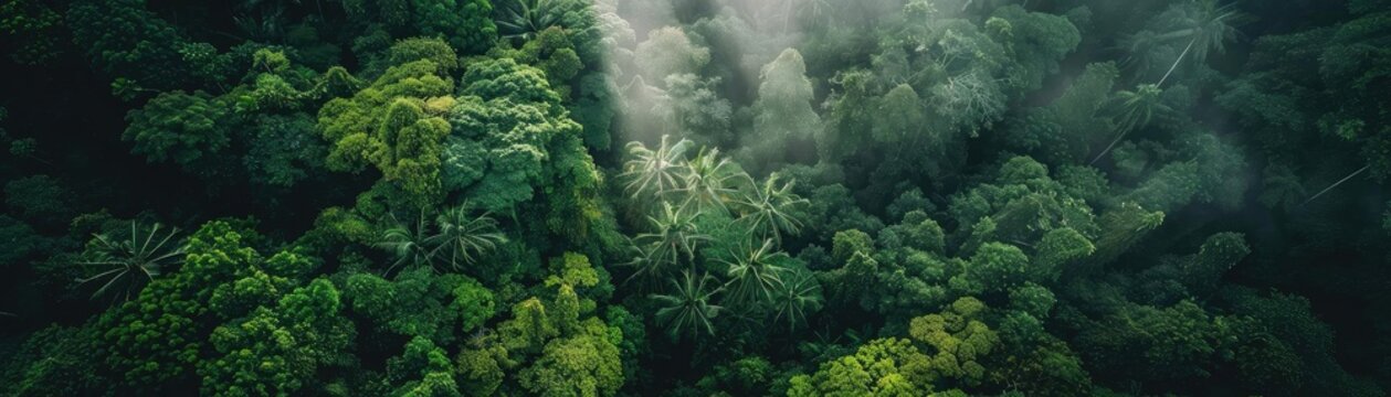 Aerial view of lush, mist-covered rainforest showcasing dense foliage and vibrant greenery under a canopy of mist and light.