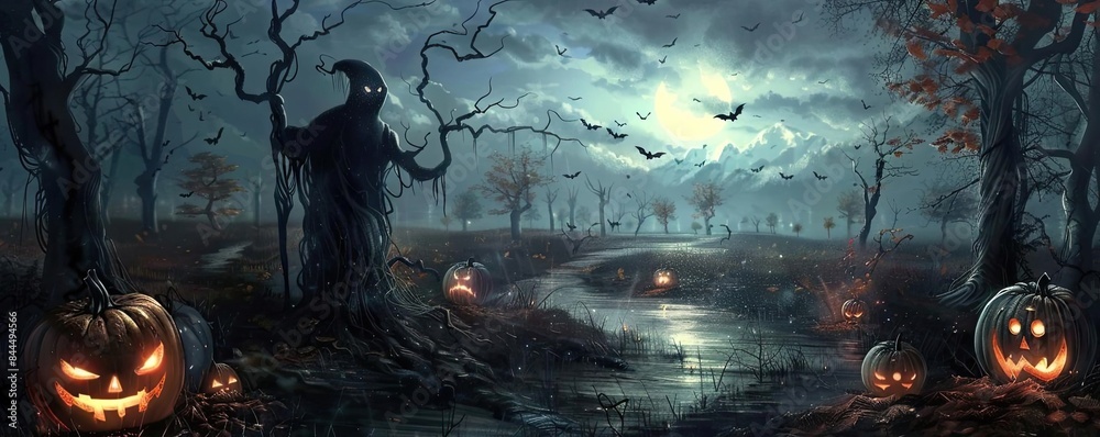 Spooky November Spooky Halloween night scene with jack-o'-lanterns, eerie fog, ghostly ...