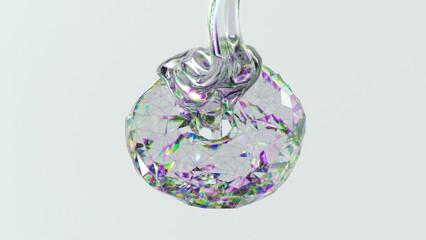 Poster - Transparent liquid pouring on to a geometric diamond donut with rainbow reflections
