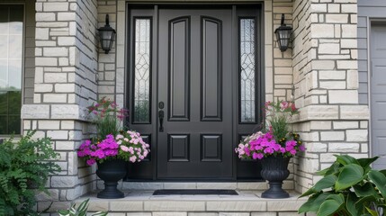 Wall Mural - Gray front door with small square decorative windows and flower pots in front of it