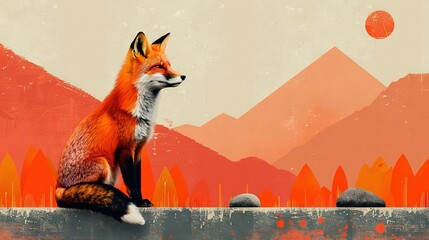 Wall Mural -   Red fox on rock by water; mountain in background