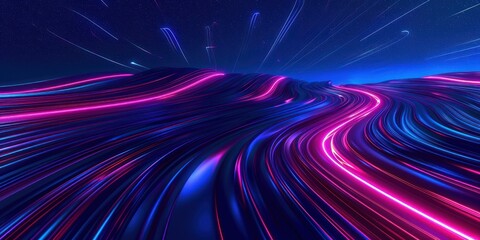 Generate an immersive image depicting the dynamic landscape of technology through a blue background with captivating motion neon light trails. 