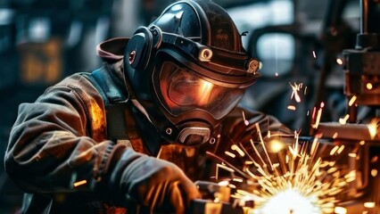 The person is working with metal using a tool that generates sparks. he is wearing protective clothing, including a hood and gloves, indicating that it may be welding or grinding.