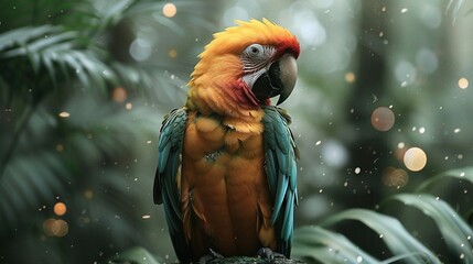 Wall Mural -    a parrot on a branch, surrounded by trees and leaves in the foreground
