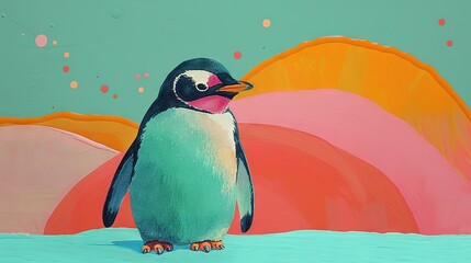 Wall Mural -   A painting of a penguin standing before an orange, pink, and blue canvas, with the sun shining above