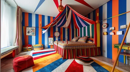 Wall Mural - Colorful bedroom with a striped bed and a tent-like canopy. The room is decorated with bright colors and has a playful, whimsical feel to it