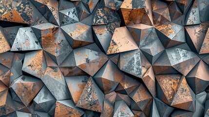 Poster - 3D rendering of a geometric background with a faceted surface. The facets are arranged in a random pattern and have a metallic appearance.