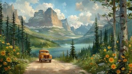 Wall Mural -   An image of an old car on a dirt road in a wooded mountain area with foreground flowers