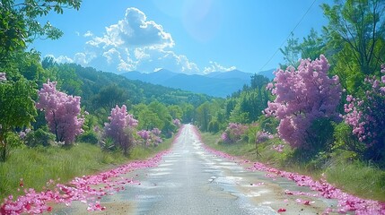 Wall Mural -   A road adorned with pink flowers borders a majestic mountain in the background, framed by wispy clouds above