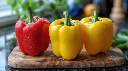 Sticker -   Red, Yellow, and Green Peppers on Cutting Board with Water Droplets