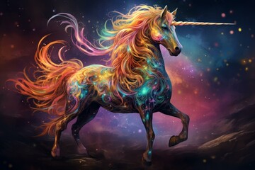 Wall Mural - Colorful illustration of a unicorn with a luminous mane against a cosmic night sky backdrop