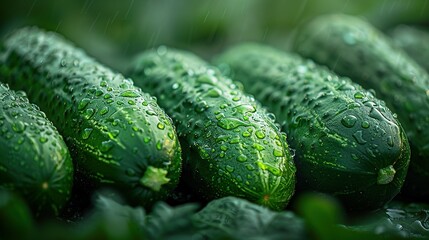 Wall Mural -   A group of cucumbers surrounded by puddles of water, resting amidst green blades during a downpour