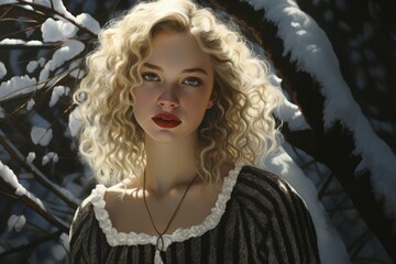 Poster - Beautiful woman with blonde curls against a snowy background illuminated by sunlight