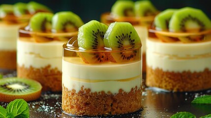 Wall Mural -   A close-up of a kiwi-topped dessert with a kiwi slice on the side