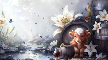 Sticker -   A painting of a baby cow sitting before a barrel, sipping wine from a glass in front of it