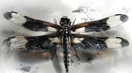Wall Mural -   A monochrome dragonfly perched on a dual-colored background with a splash of color on its wings