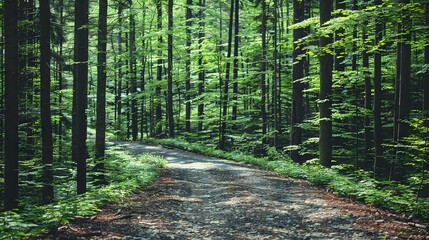 Sticker -   Dirt road surrounded by towering trees in a dense forest