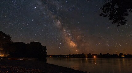 Canvas Print -   Nighttime water under starry sky with nearby trees