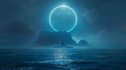 Wall Mural - modern futuristic neon abstract background. large object in the center, space background. dark scene