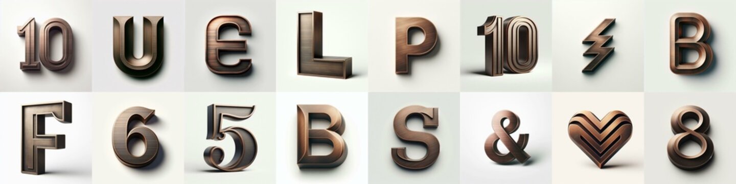 Brushed Bronze metal Lettering Typeface. AI generated illustration