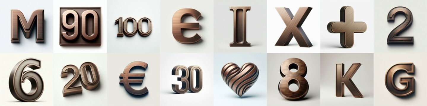 Brushed Bronze metal Lettering Typeface. AI generated illustration