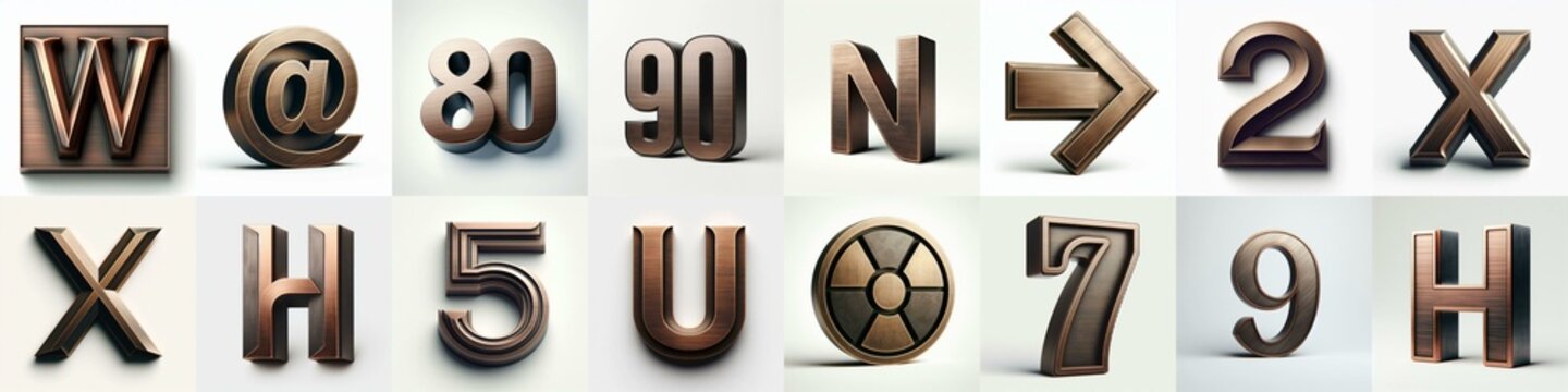 Brushed Bronze metal Lettering Typeface. AI generated illustration
