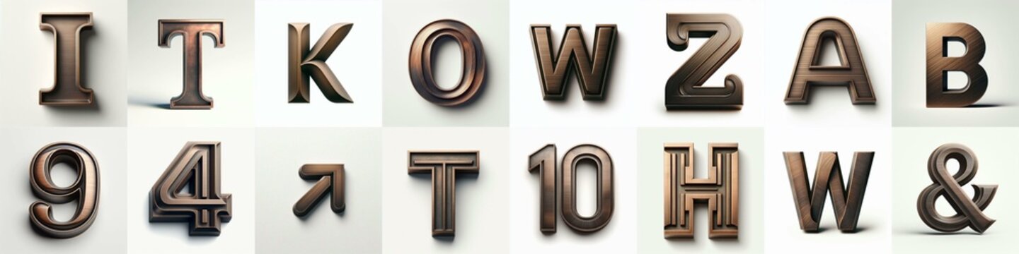 Brushed Bronze metal Lettering Typeface. AI generated illustration