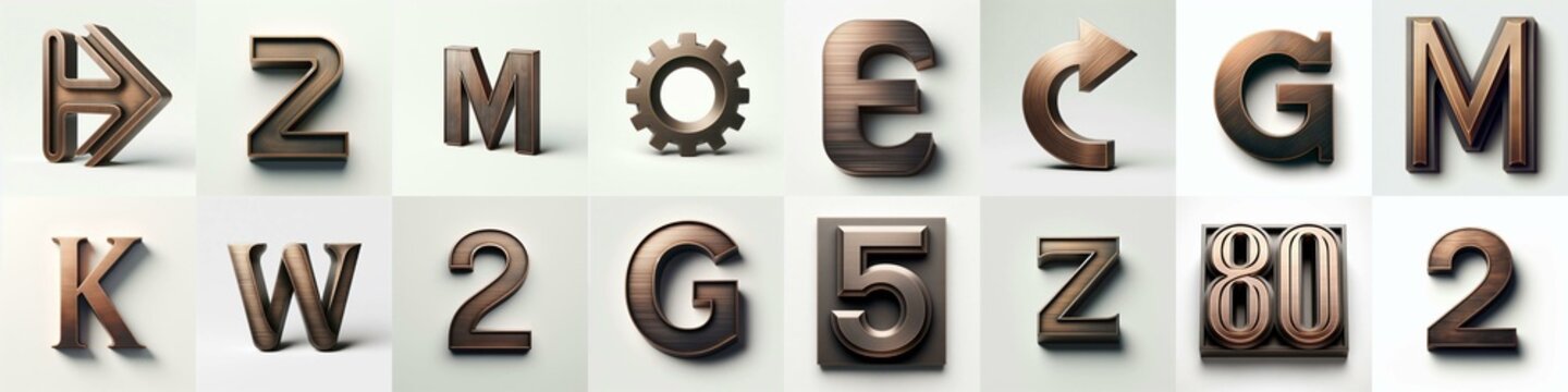 Brushed Bronze metal Lettering Typeface. AI generated illustration