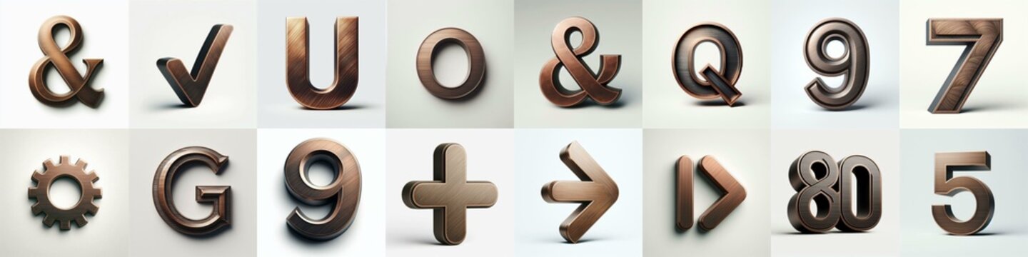 Brushed Bronze metal Lettering Typeface. AI generated illustration