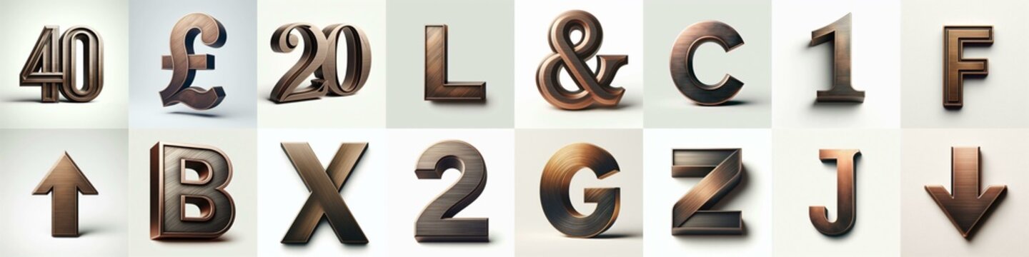 Brushed Bronze metal Lettering Typeface. AI generated illustration