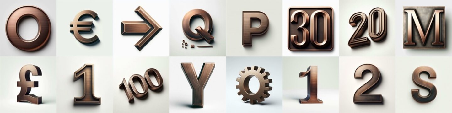 Brushed Bronze metal Lettering Typeface. AI generated illustration