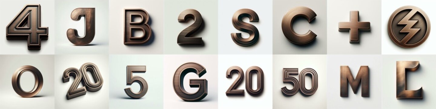 Brushed Bronze metal Lettering Typeface. AI generated illustration