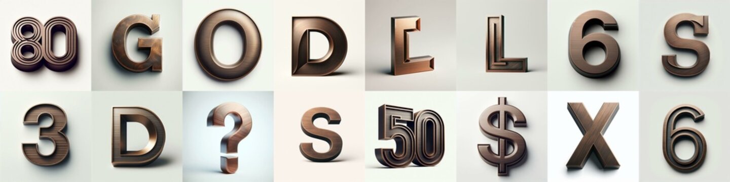 Brushed Bronze metal Lettering Typeface. AI generated illustration