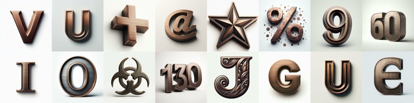 Brushed Bronze metal Lettering Typeface. AI generated illustration